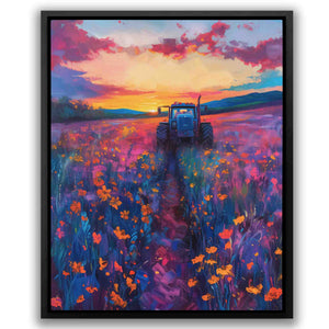 a painting of a tractor in a field of flowers