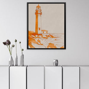 a picture of a lighthouse on a wall above a cabinet