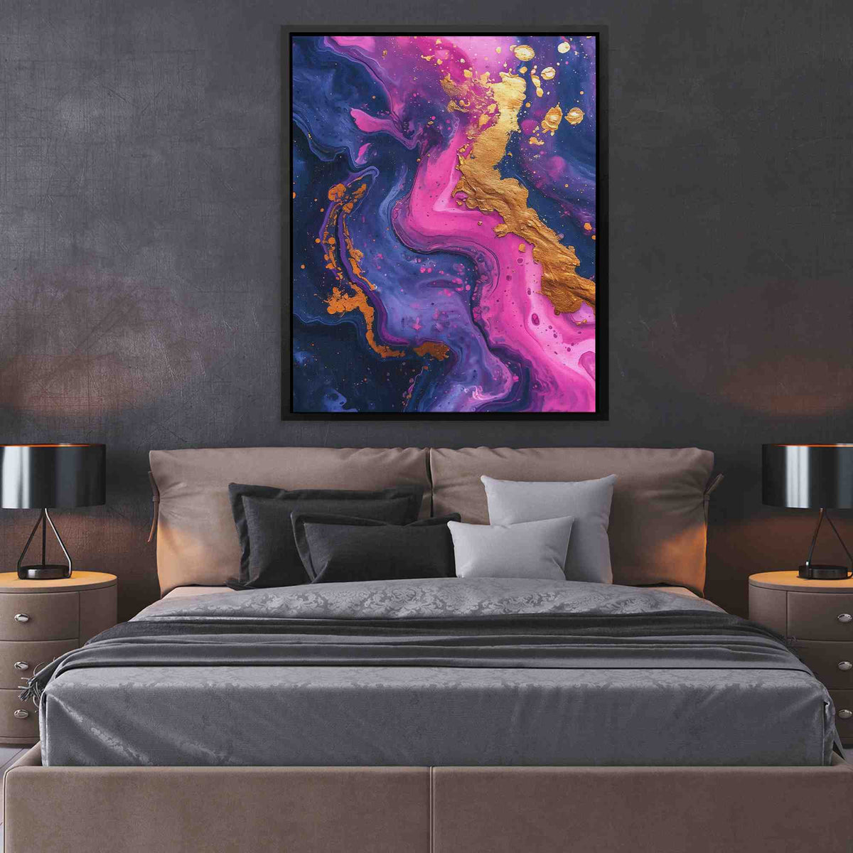 a bedroom with a bed and a painting on the wall