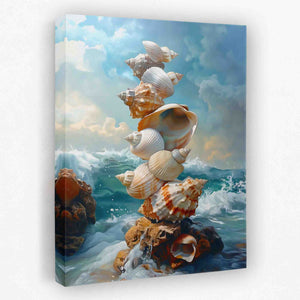 a painting of seashells on a rock in the ocean