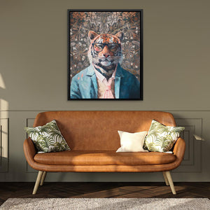 a painting of a tiger wearing a suit and tie