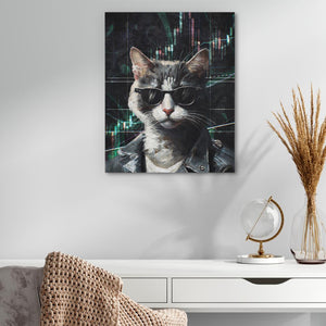 a painting of a cat wearing sunglasses and a leather jacket