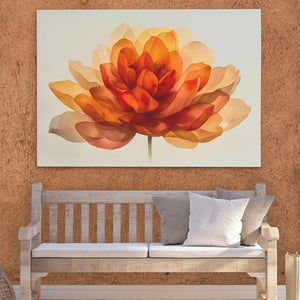 a painting of a flower on a wall above a bench