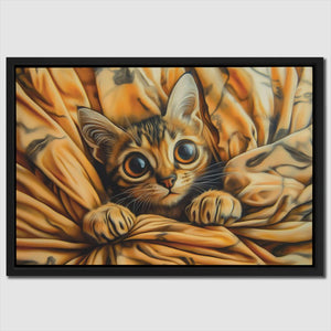 a painting of a kitten peeking out from under a blanket