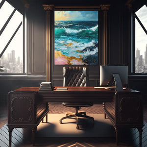 a desk with a chair and a painting on the wall