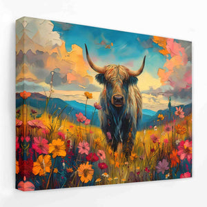 a painting of a bull standing in a field of flowers