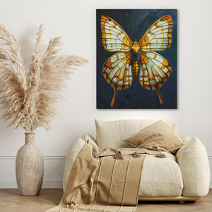 a painting of a butterfly on a wall above a couch