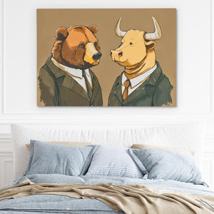 a painting of two bears in suits on a wall above a bed