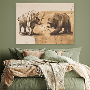 a painting of two animals on a wall above a bed