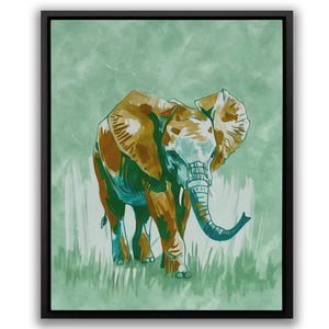 a painting of an elephant on a green background
