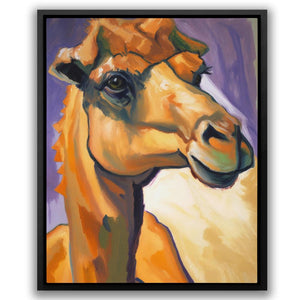 a painting of a giraffe with a purple background