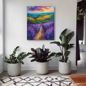 a painting of a road going through a lavender field
