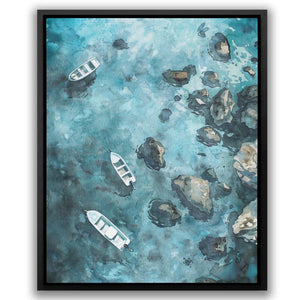 a painting of boats floating on a body of water