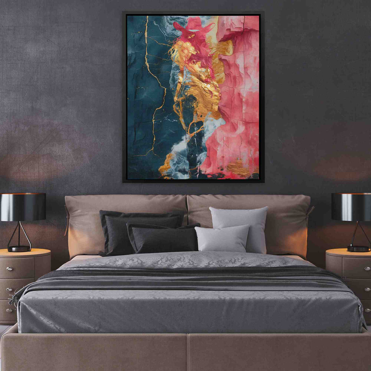 a bedroom with a large painting on the wall above the bed