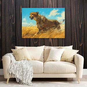 a painting of a cheetah running through a field