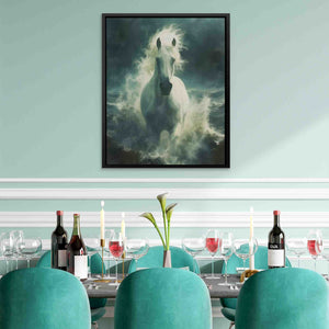 a painting of a white horse on a wall above a dining room table