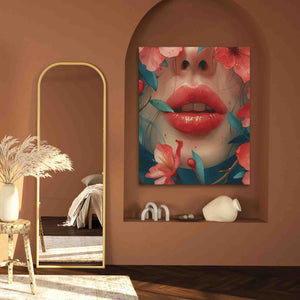 a painting of a woman's face on a wall next to a mirror