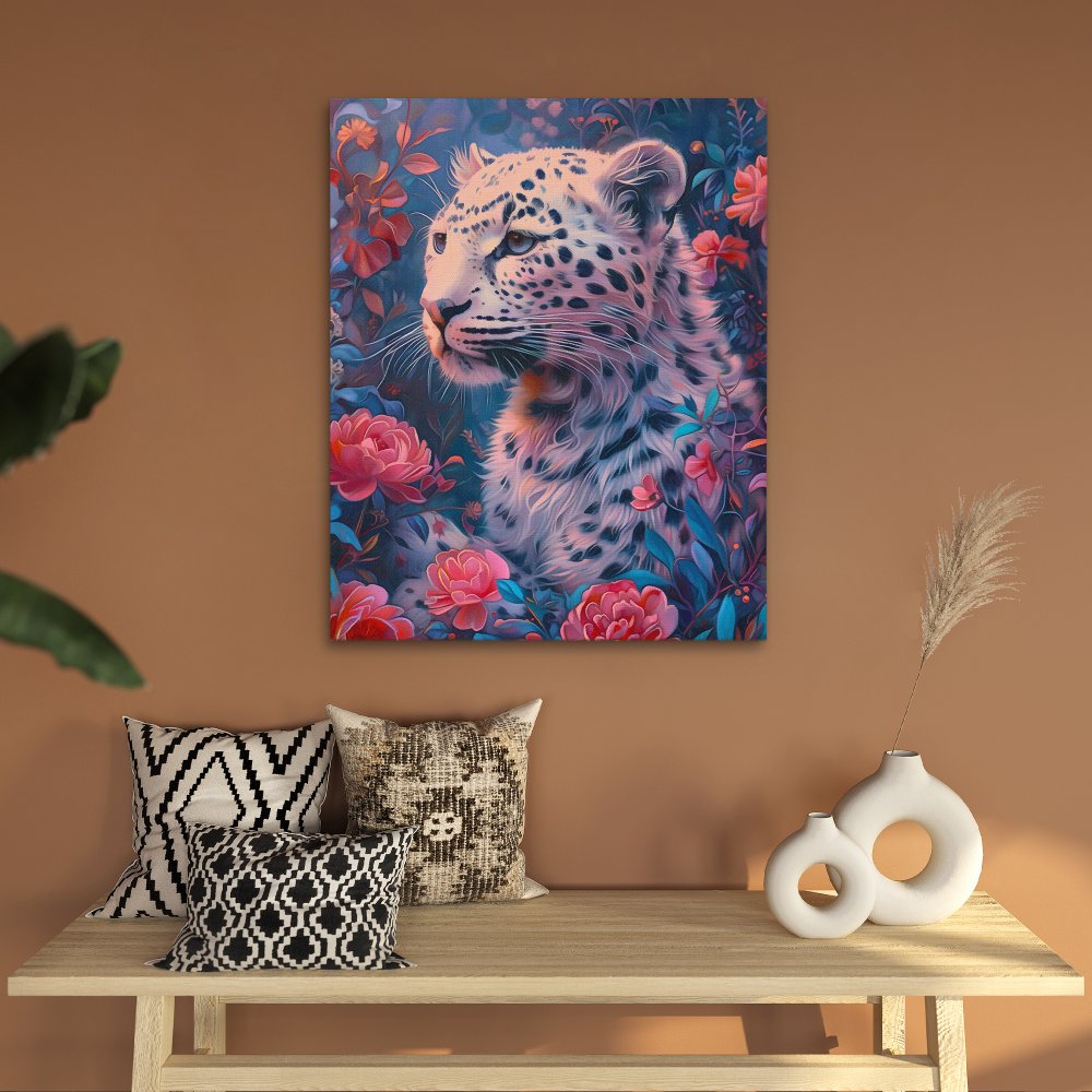 a painting of a white leopard surrounded by flowers