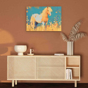 a painting of a horse on a brown wall