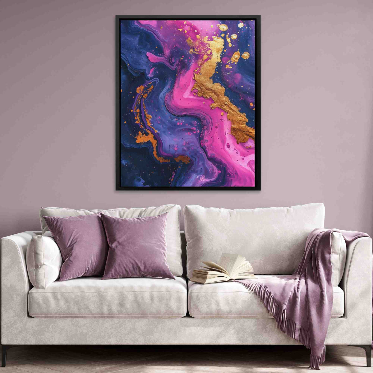 a living room with a couch and a painting on the wall