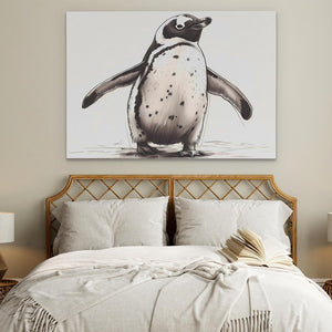 a picture of a penguin on a wall above a bed