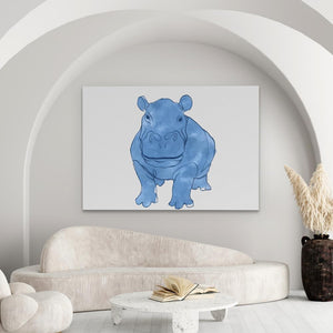 a living room with a couch and a painting of a hippo