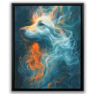 a painting of a white dog with a blue background