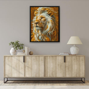 a painting of a lion on a wall above a sideboard