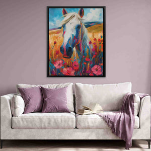 a painting of a horse in a field of flowers