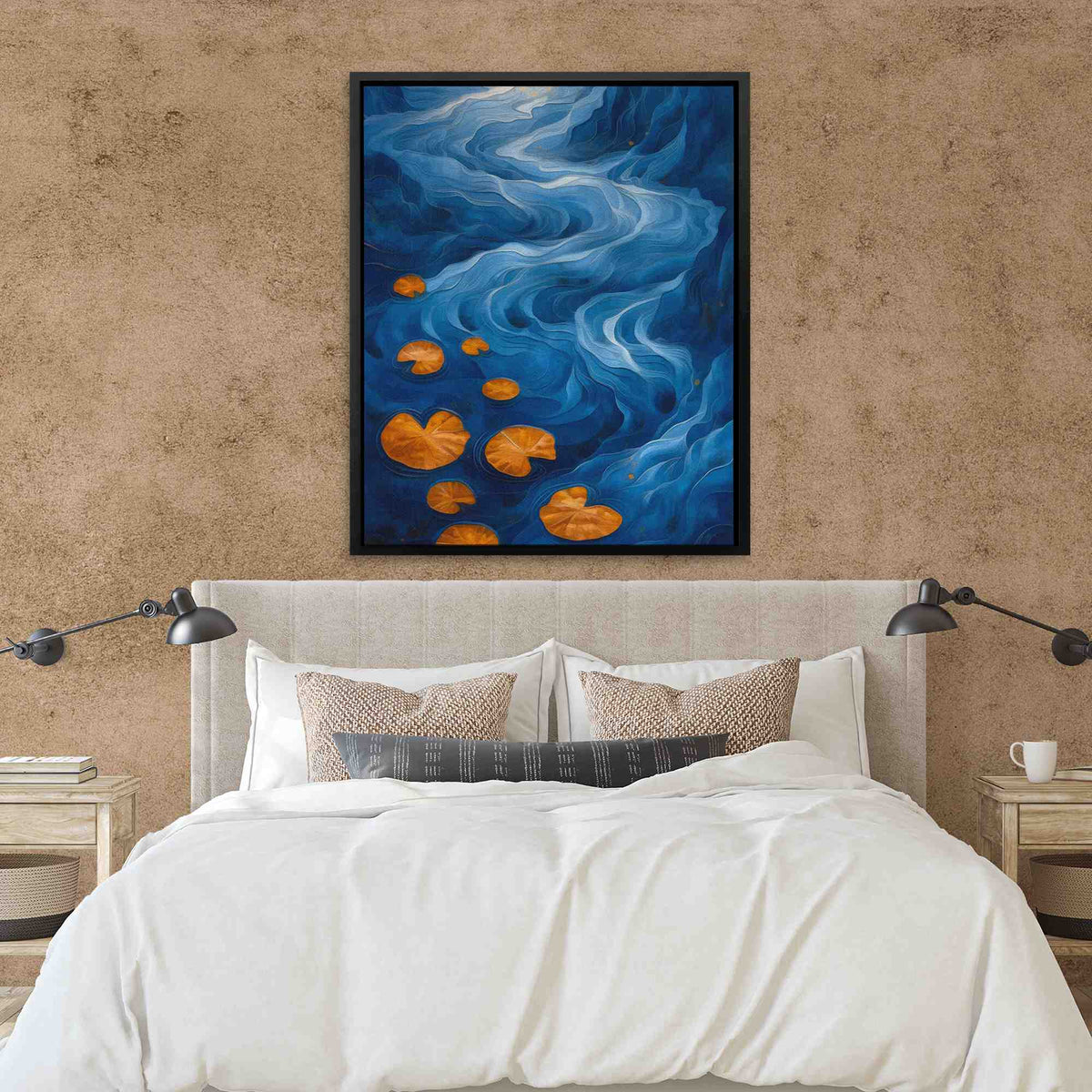 a bedroom with a bed and a painting on the wall