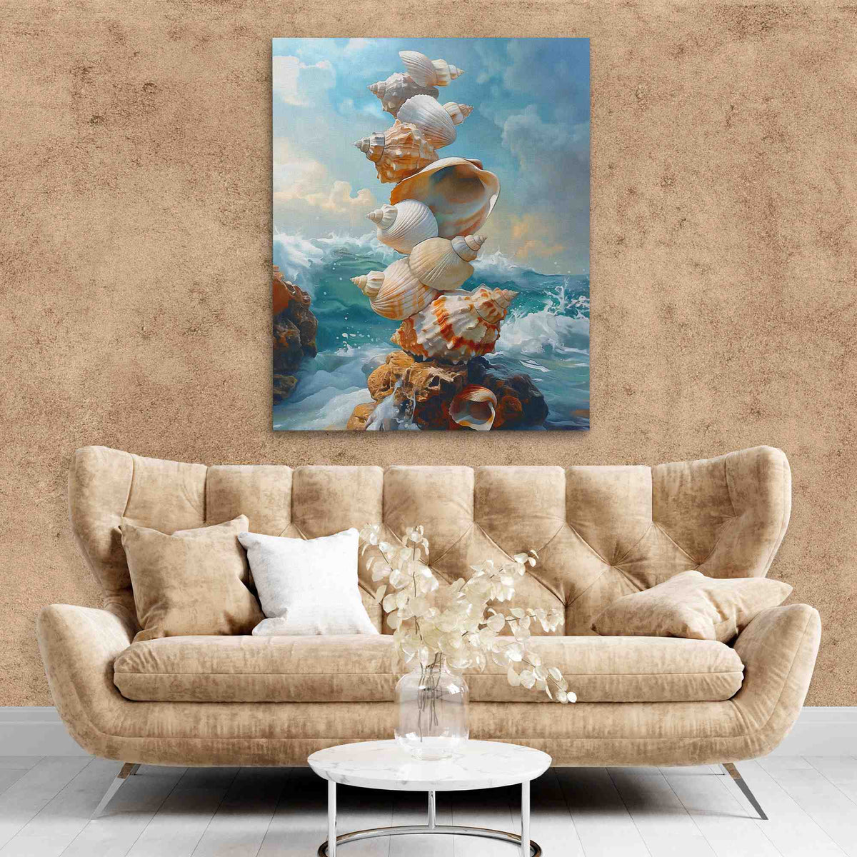 a living room with a couch and a painting on the wall