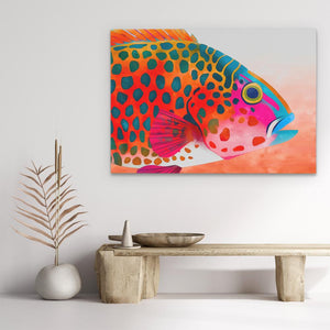 a painting of a colorful fish on a white wall