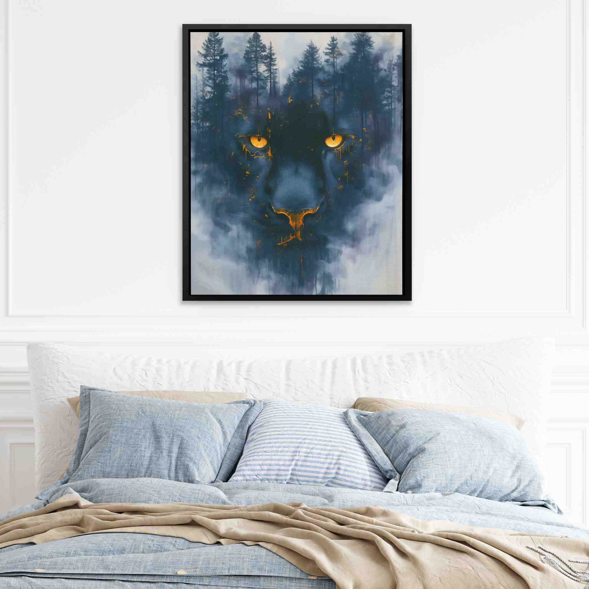 a painting of a tiger's face with yellow eyes