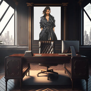 a painting of a woman in a black leather coat sitting at a desk