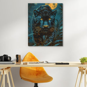 a painting of a leopard on a wall above a desk