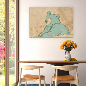 a painting of a bear on a wall above a table