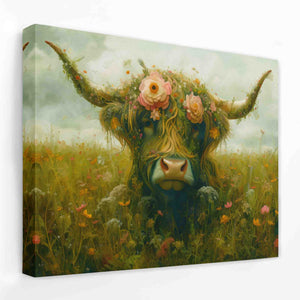 a painting of a cow with flowers on its head