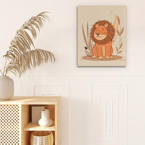 a picture of a lion on a wall next to a potted plant