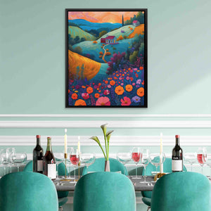 a painting on a wall above a dining room table