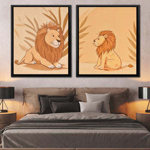 two pictures of a lion and a lion sitting on a bed