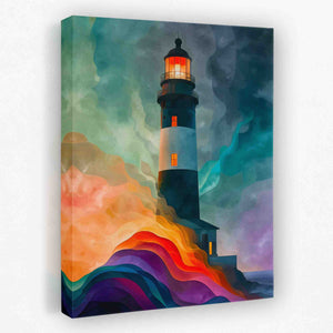 a painting of a lighthouse on a colorful background