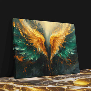 a painting of a gold and green bird