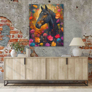 a painting of a horse on a brick wall