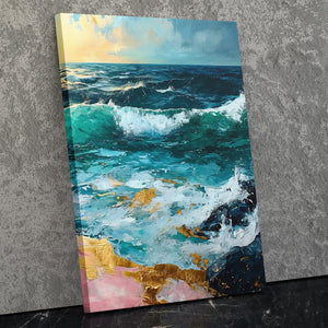 a painting of waves crashing on a beach