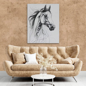 a living room with a couch and a horse painting on the wall