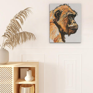 a painting of a monkey on a wall next to a potted plant