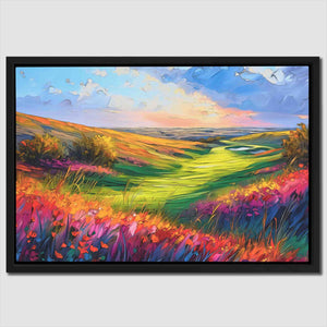 a painting of a green field with flowers