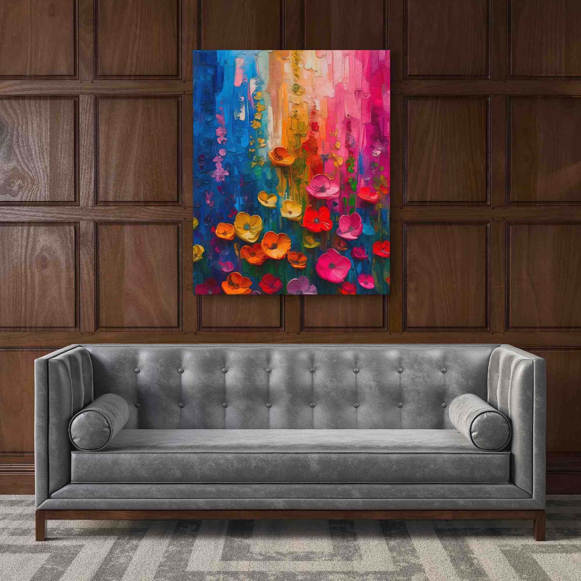 a painting of colorful flowers on a white wall