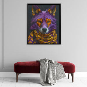 a painting of a purple wolf with orange eyes