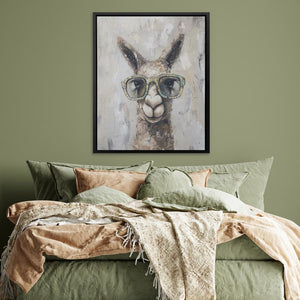 a painting of a llama wearing glasses on a bed